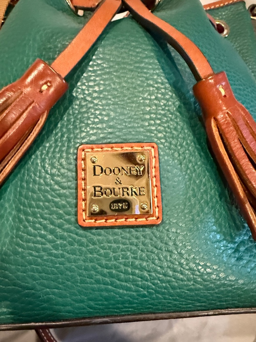 Dooney & Bourke Green Leather Drawstring Tassel Crossbody with Brown Trim - Picture 3 of 4